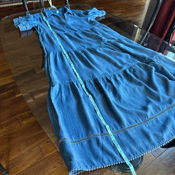 Chico's Chambray Tencel Tiered Maxi Sundress Ruffle Sleeves Sz 6 - Picture 7 of 10
